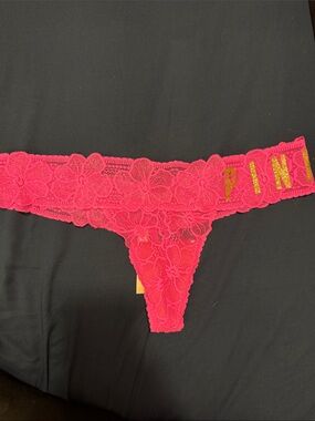 PINK Victoria's Secret Hot Pink Lace Thong with Gold Logo